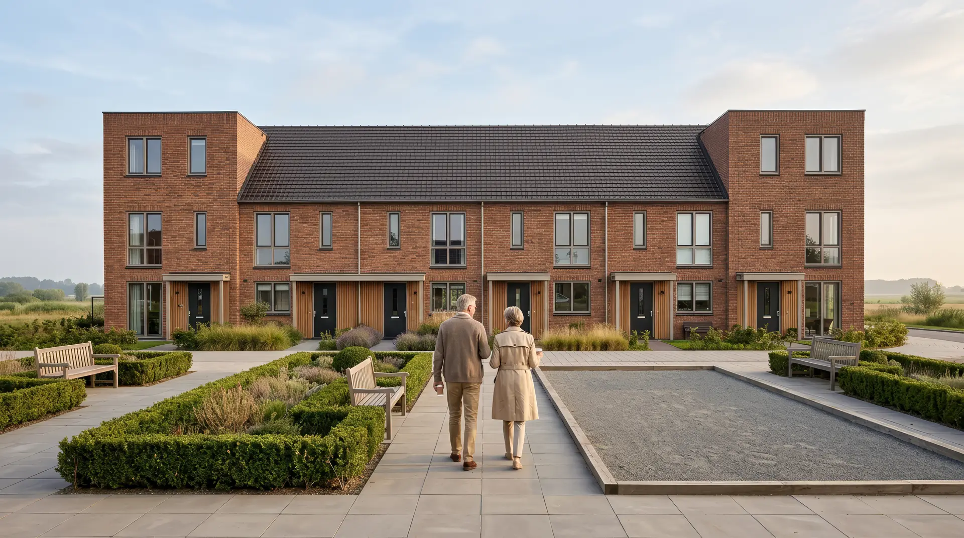 De rij ingericht voor empty nesters: een stel wandelt met koffie in mild middaglicht