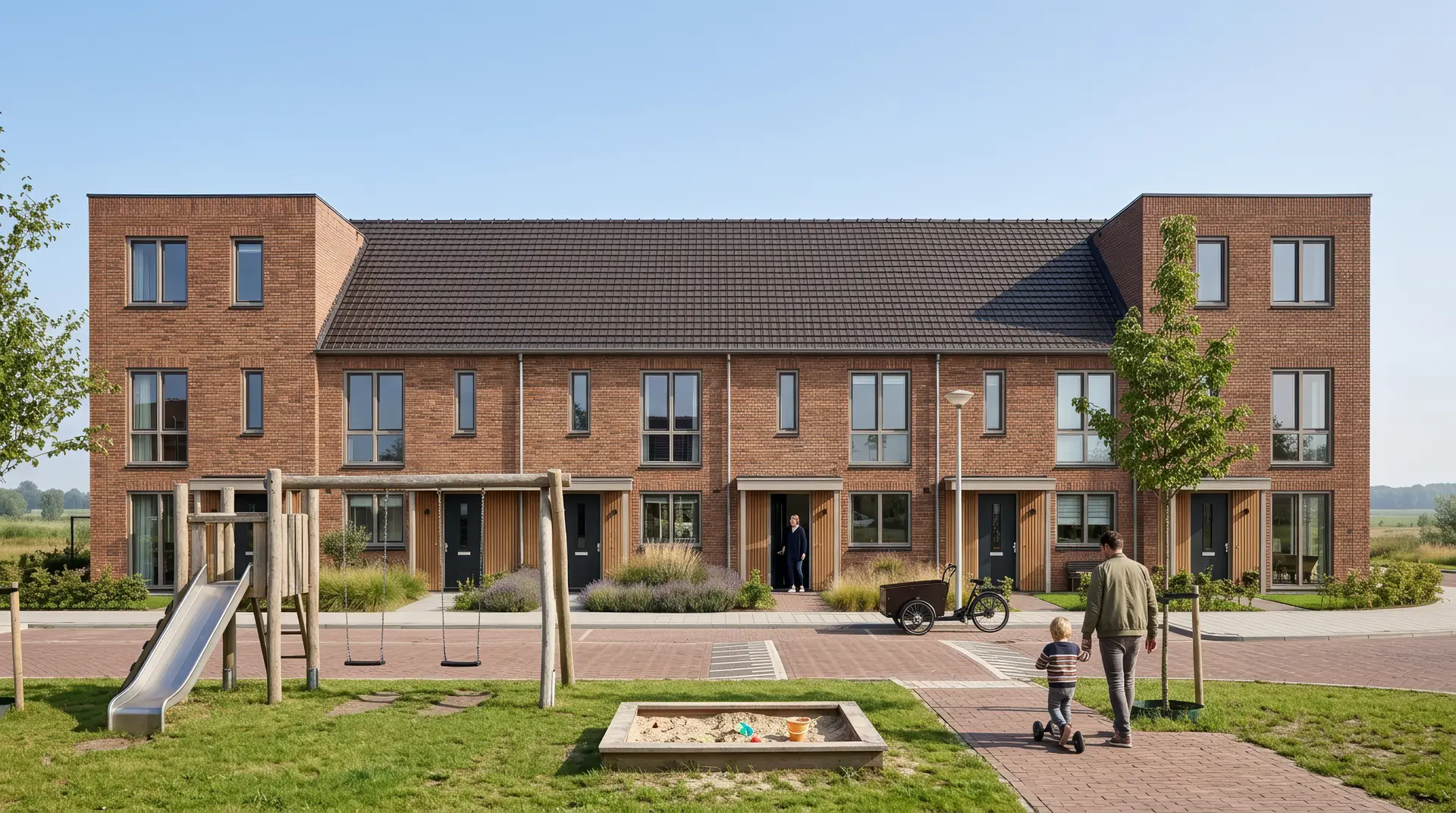 De rij ingericht voor jonge gezinnen: een ouder en kind op weg naar huis op een heldere ochtend