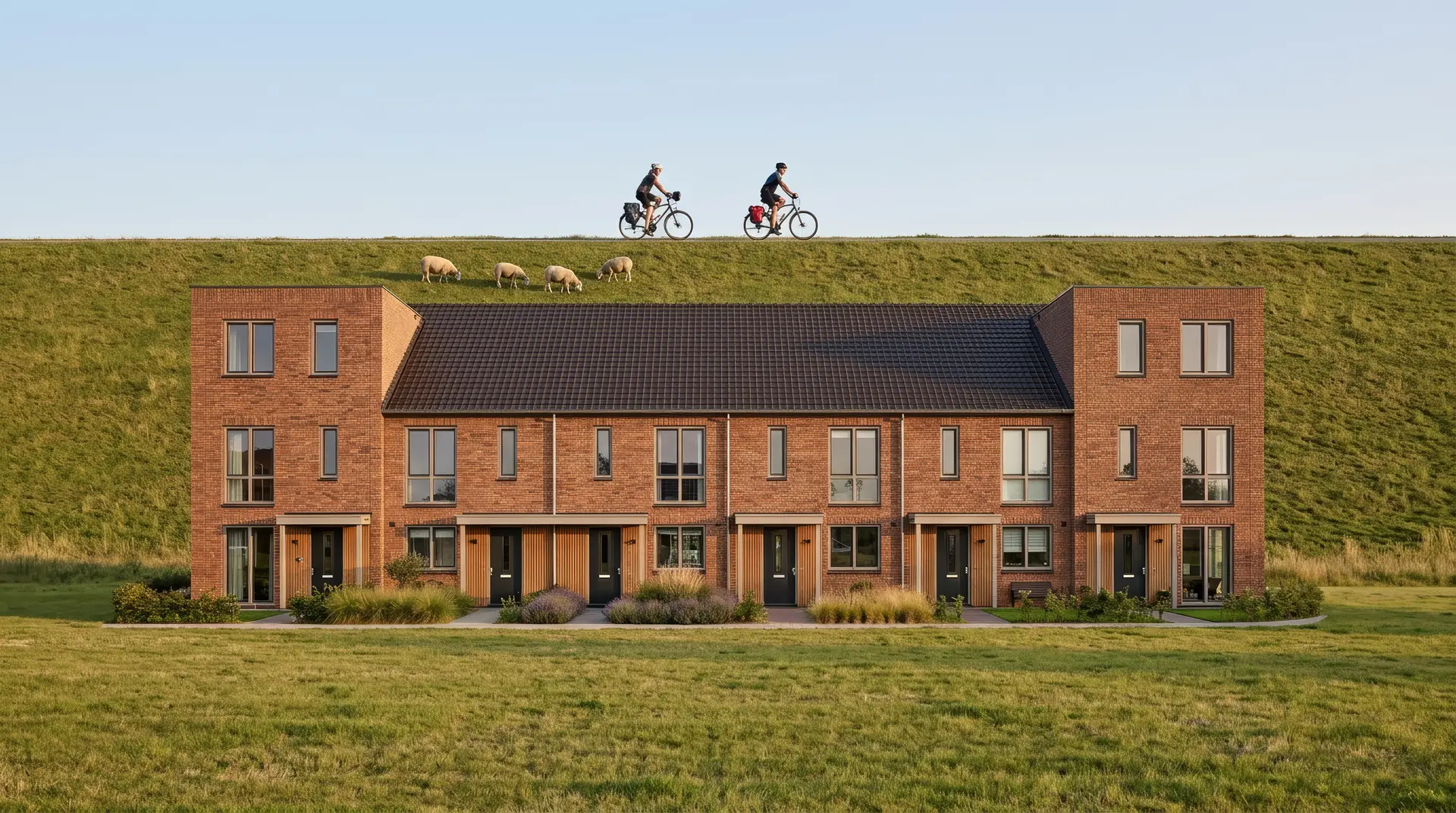 De rij aan de voet van een rivierdijk met grazende schapen in avondlicht