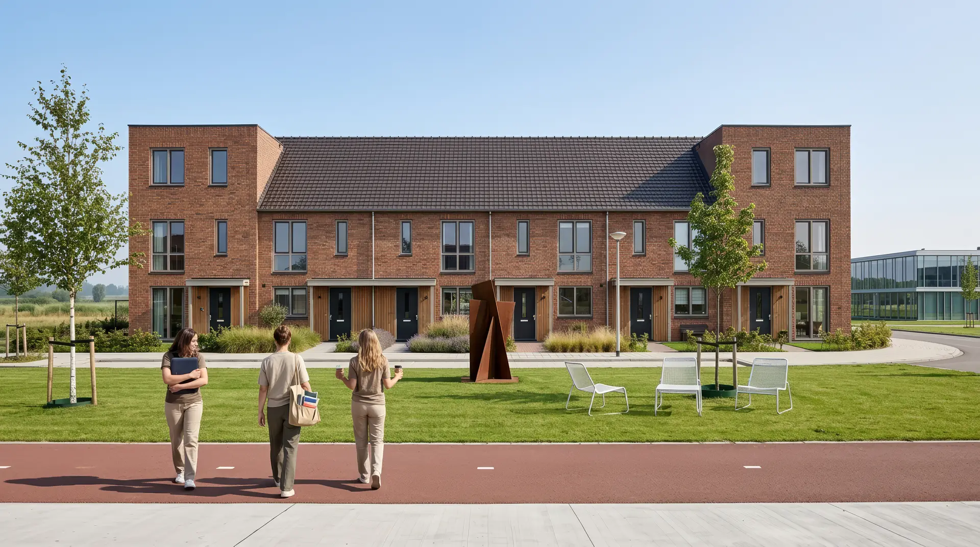 De rij aan de rand van een campus met een rood fietspad en een glazen faculteitsgebouw op het middaguur