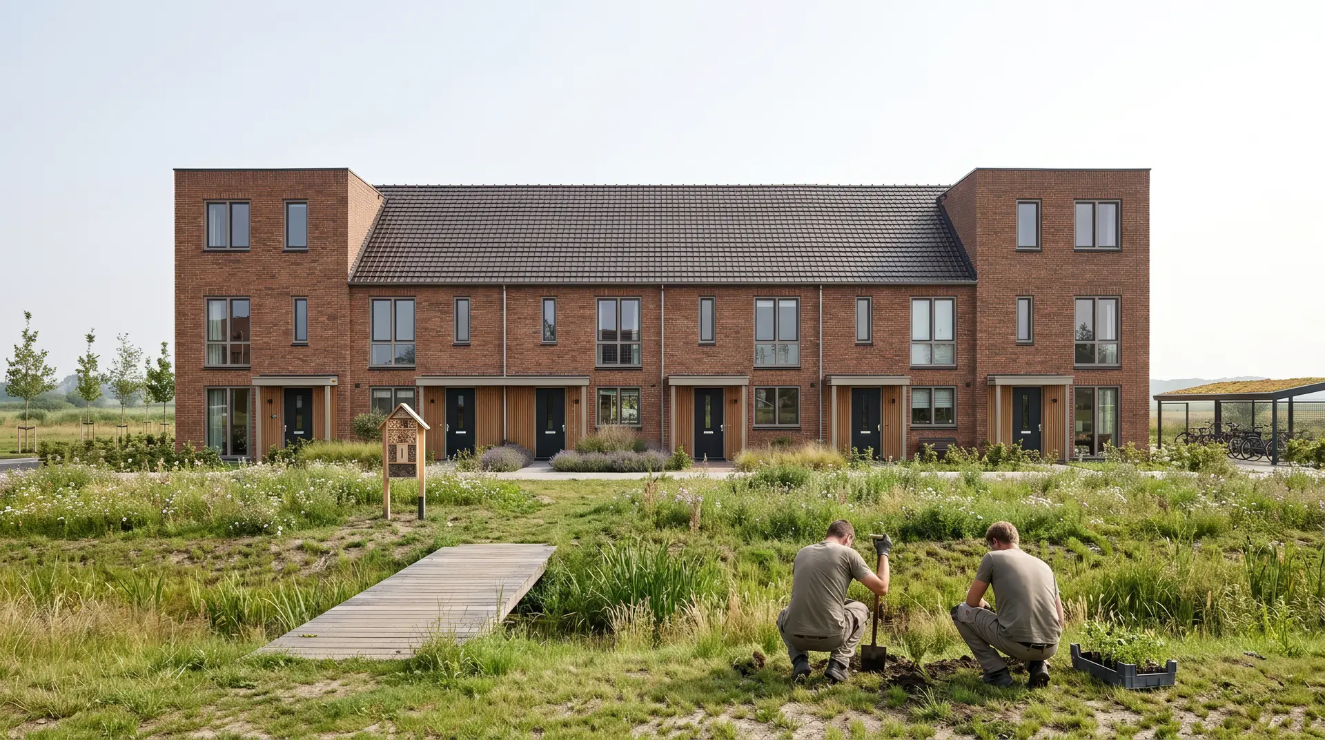 De rij in een klimaatadaptieve wijk met een groene wadi en bloeiende bermen op het middaguur