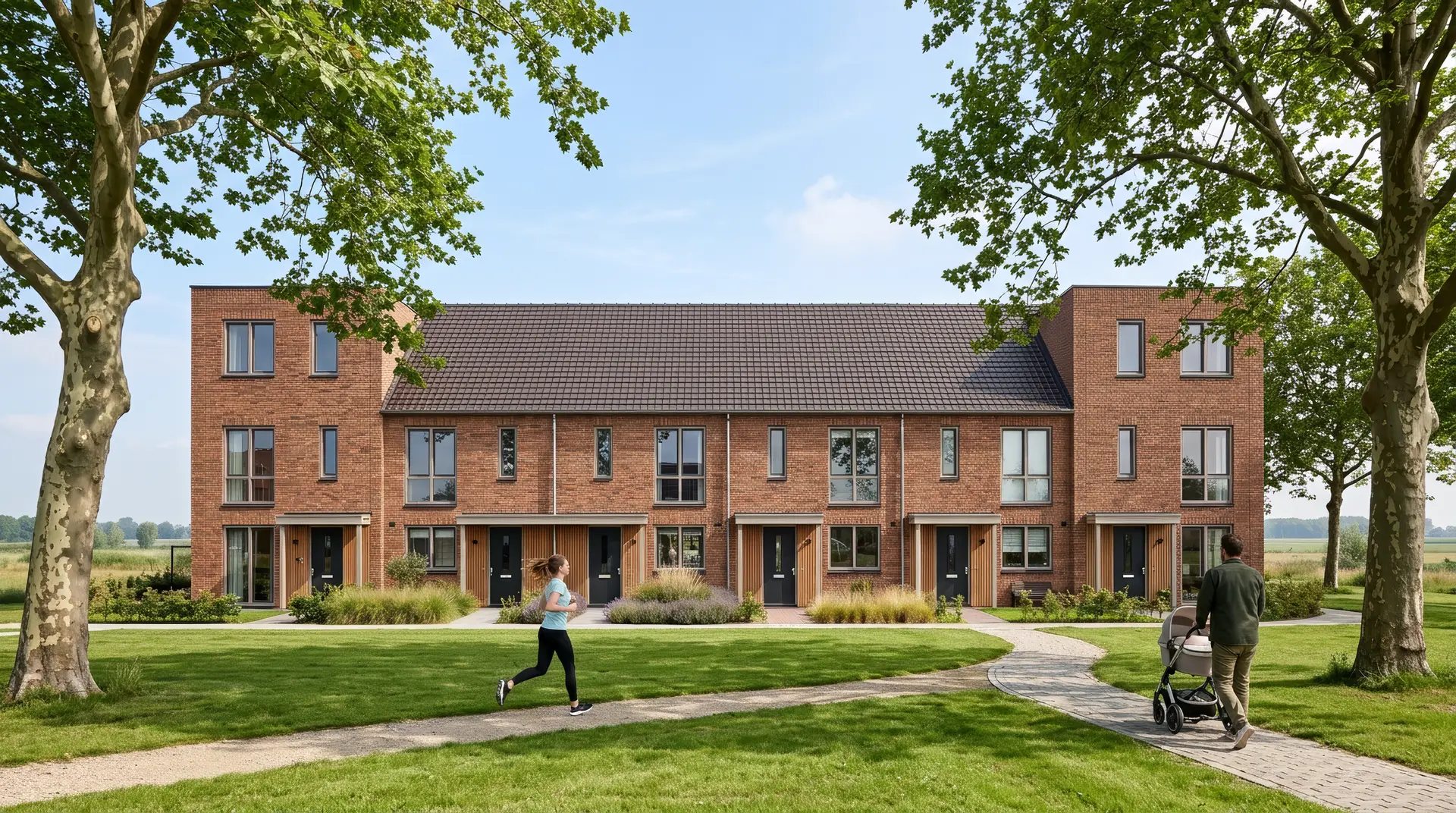 De rij aan de rand van een park, een jogger en een kinderwagen op het pad
