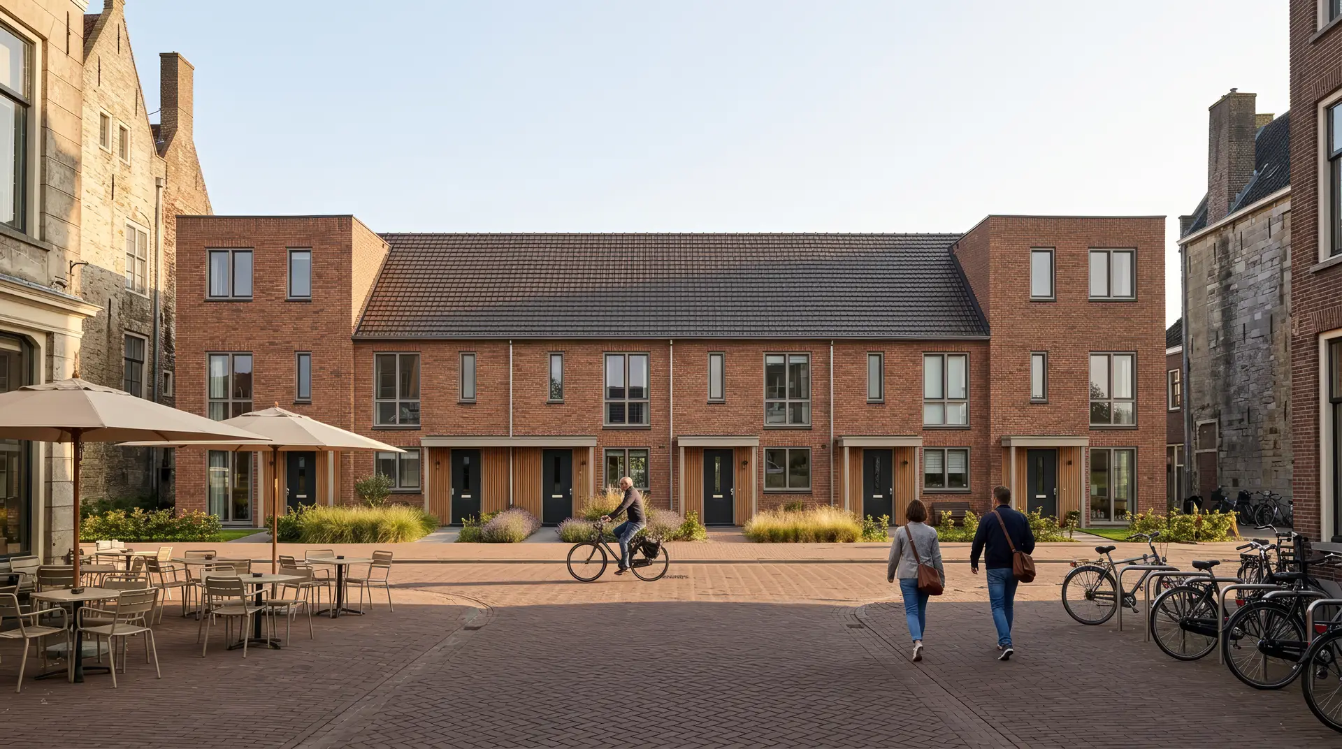 De rij in een drukke straat in het stadshart, met een caféterras en een passerende fietser
