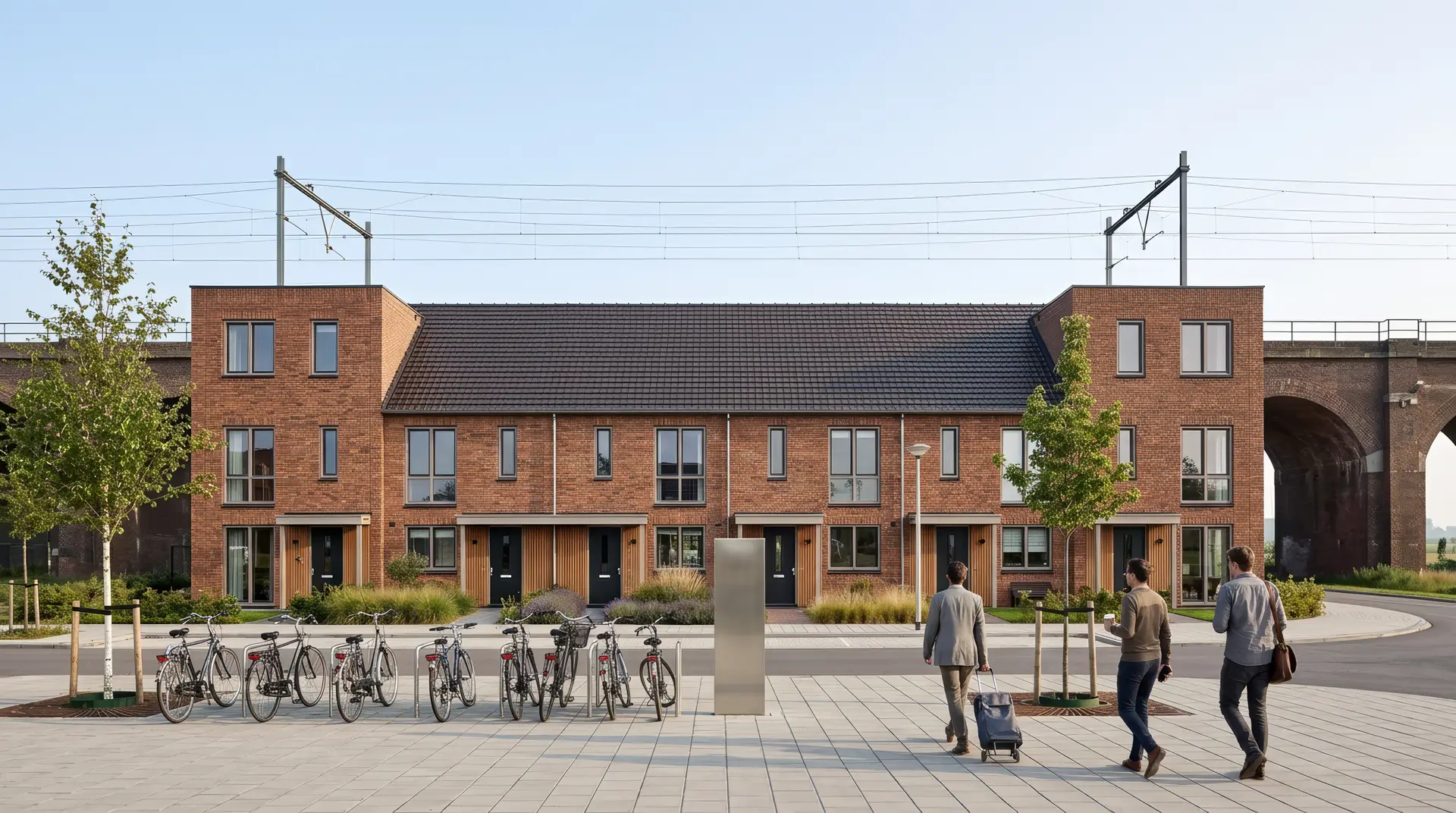 De rij in een stationskwartier van een kleine stad met volle fietsenrekken in de ochtendspits