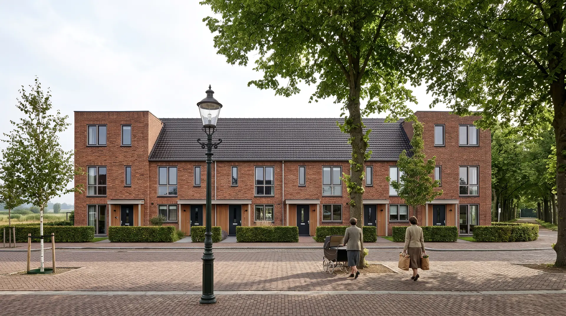 De rij in een laan van een volwassen tuindorp met lindes en gebakken klinkers op het middaguur