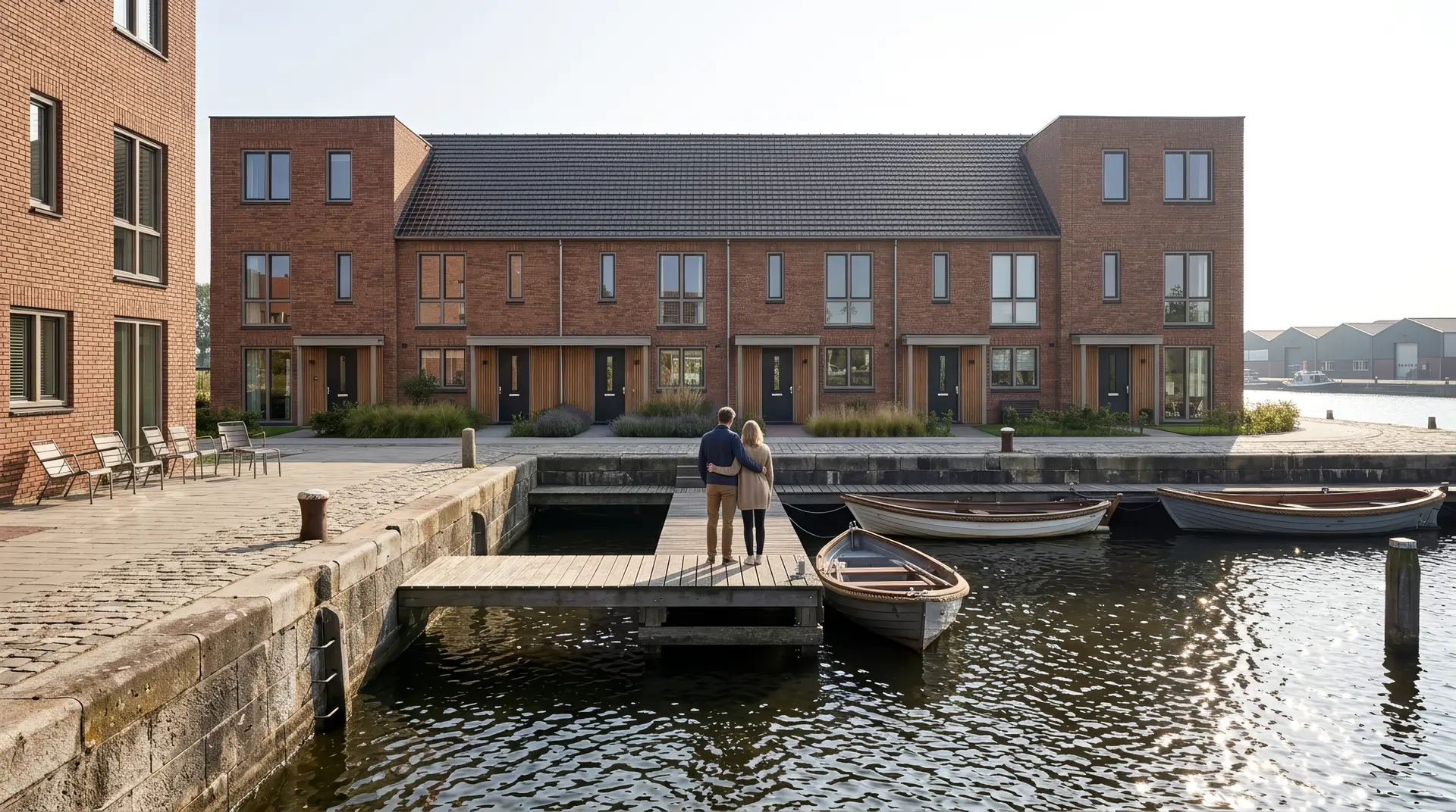 De rij aan een waterkade, een stel op de steiger in helder ochtendlicht