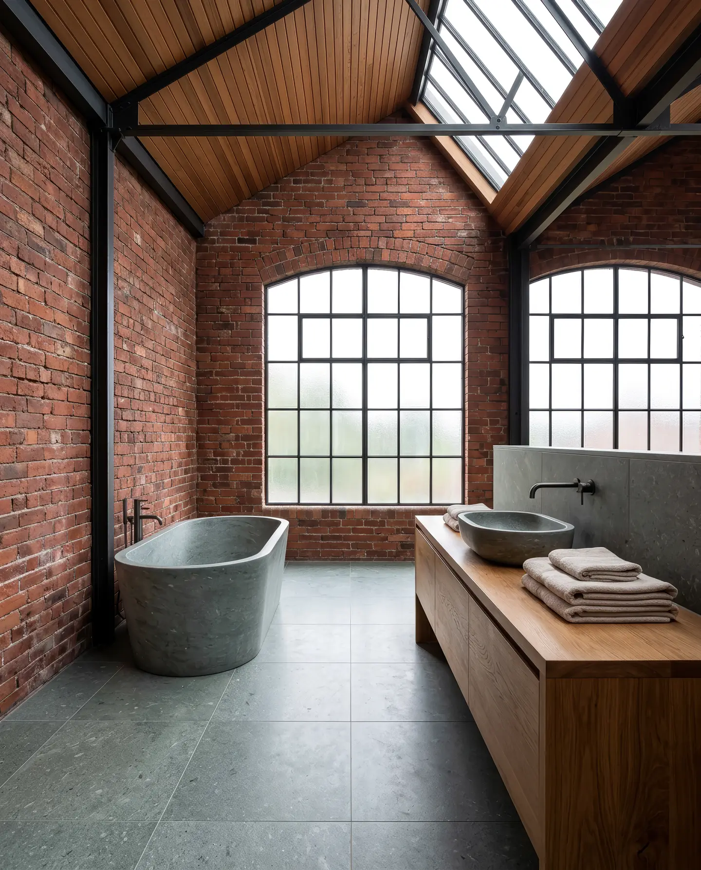 Badkamer in een loft met een vrijstaand stenen bad, een eiken wastafelmeubel en een stalen raam