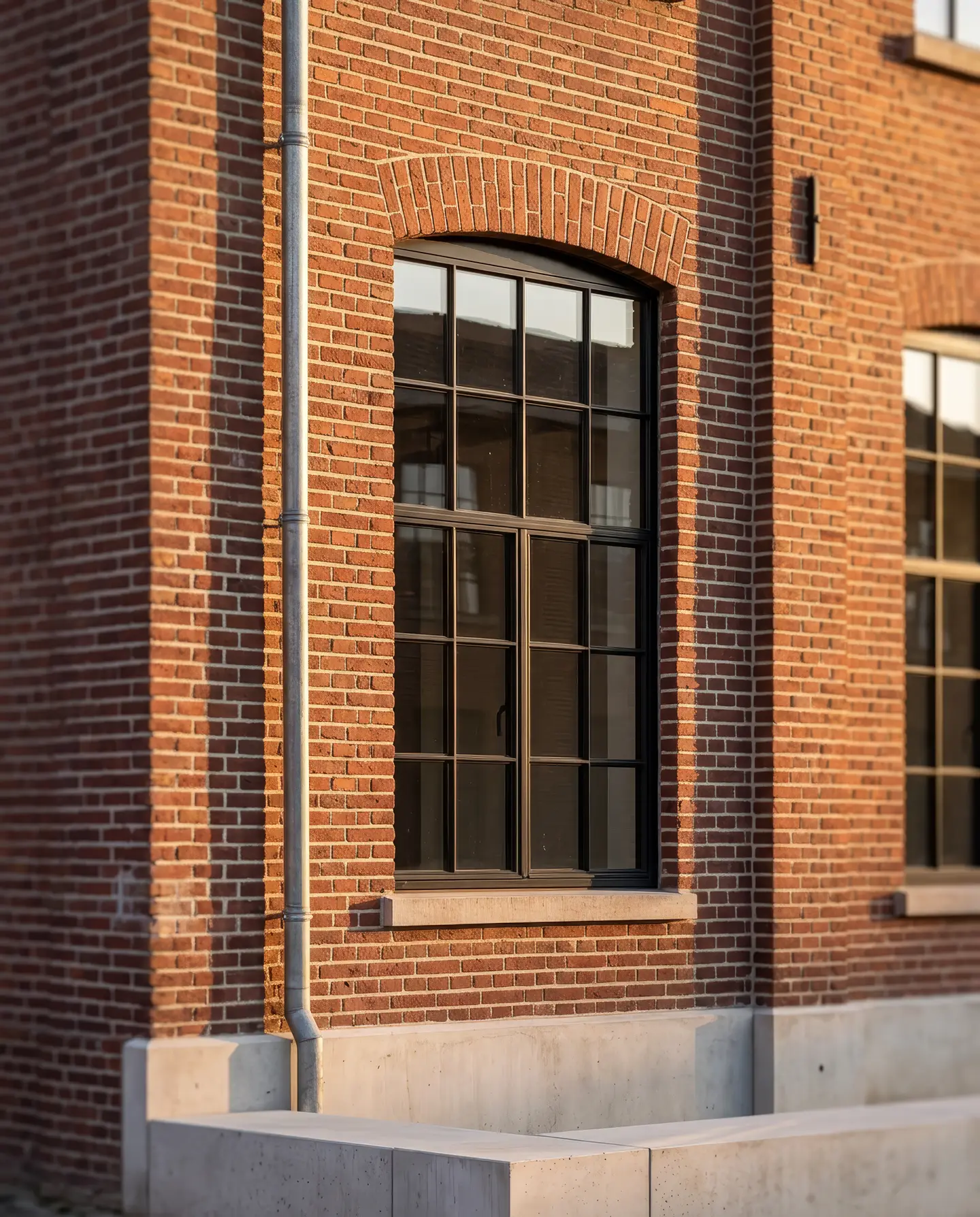Detail van De Weverij: doorleefde baksteen, een stalen raam met segmentboog en een zinken regenpijp