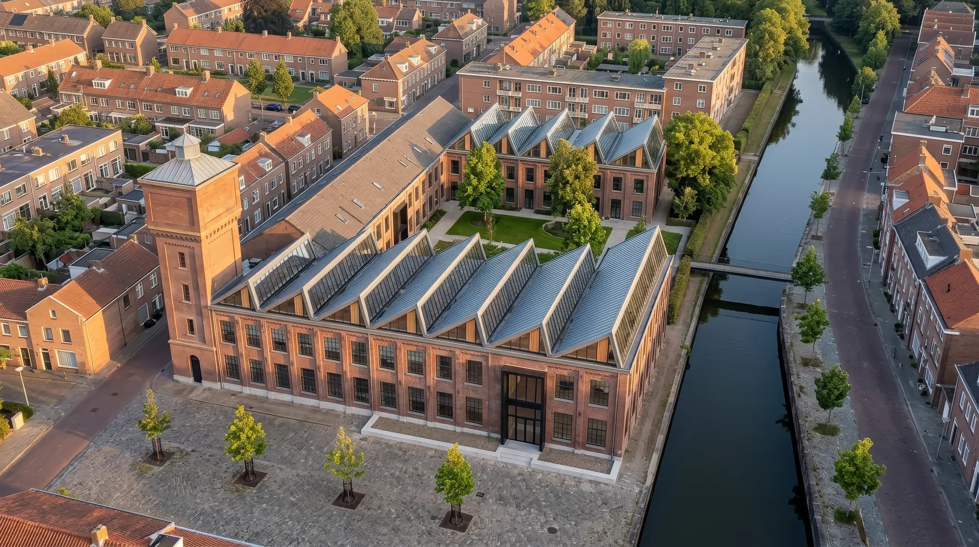 De Weverij van boven gezien, met de zes sheddaken en de watertoren tussen het kanaal en het groene hof
