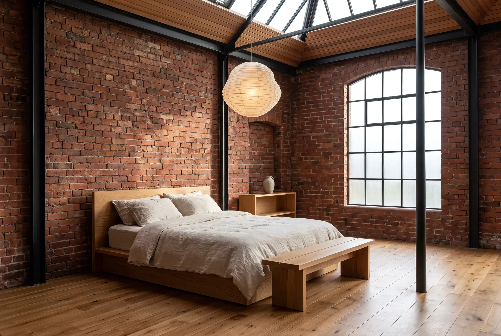 Slaapkamer in een loft met een laag eiken bed, linnen beddengoed en een stalen boograam naast een bakstenen muur