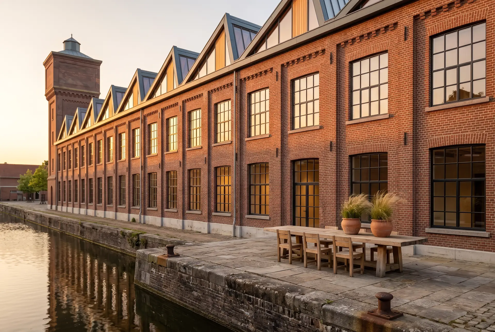 Een stenen terras langs de kade voor de lofts op de begane grond, met een lange eiken tafel in het avondlicht