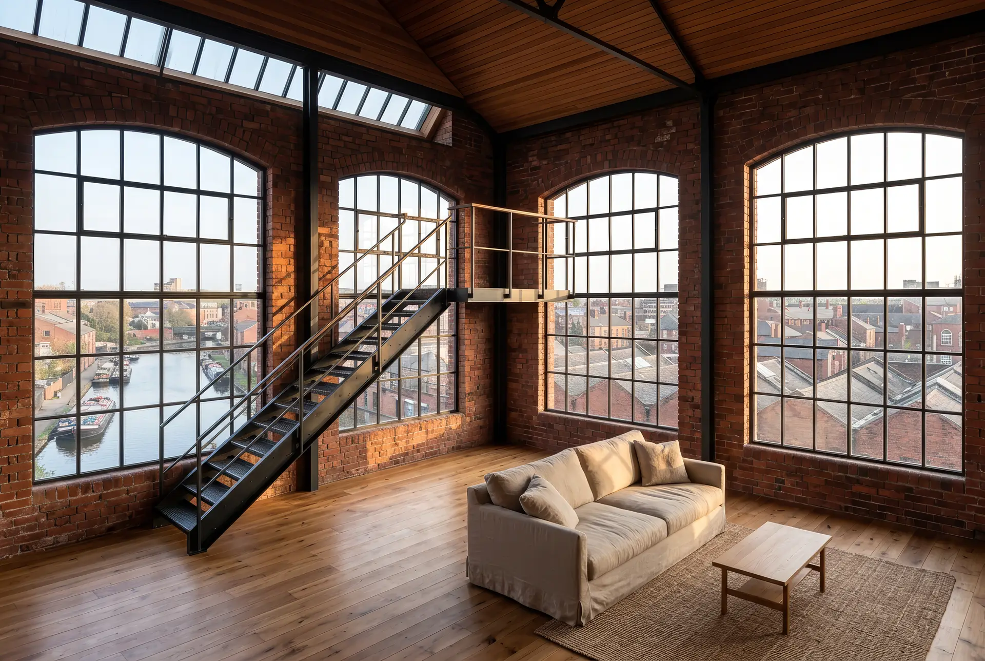 Dubbelhoge woonkamer in de watertoren, met hoge boogramen over de daken van de stad