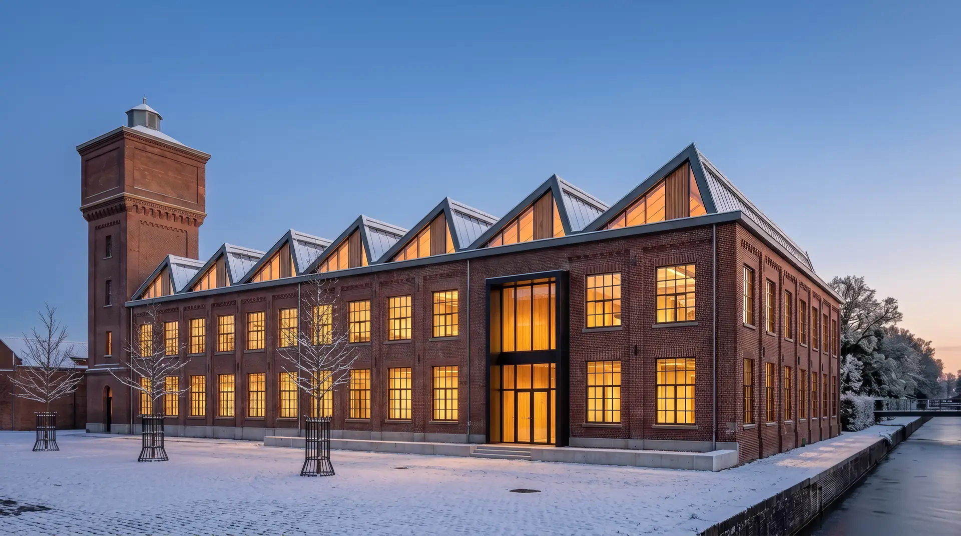 De Weverij onder een laagje sneeuw in het blauwe uur, de sheddaken verlicht