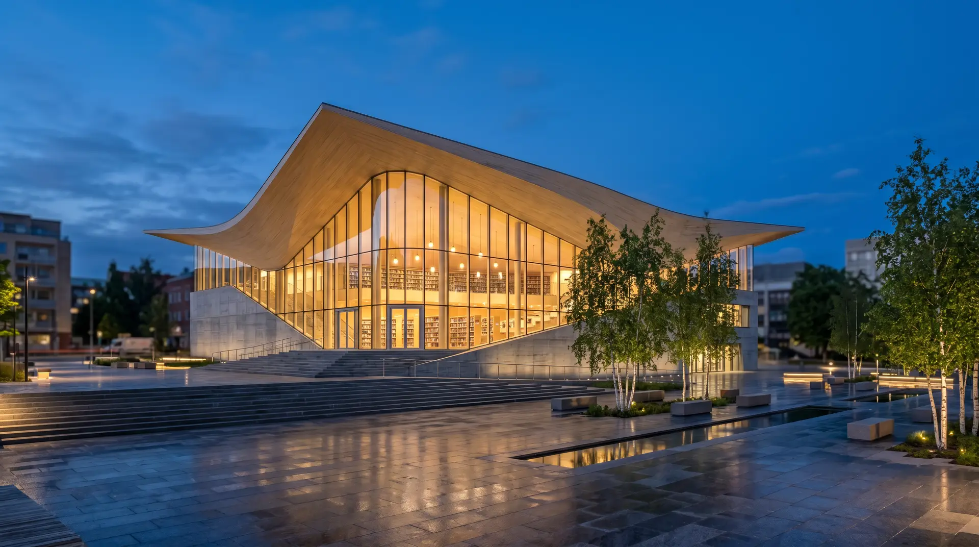 Het Culture House gloeit in het blauwe uur, het opgeleverde hoofdbeeld